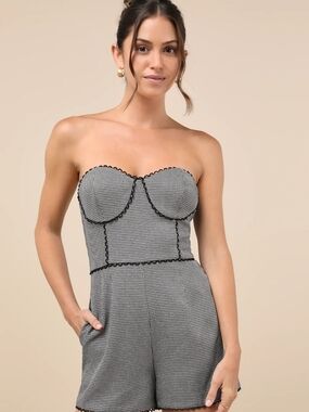 Lulu's Black & White Gingham Strapless Bandeau Romper